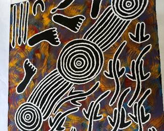 Australian Aboriginal Painting on Canvas "Men Hunting for Kangaroo" by Audrey Nungarrai