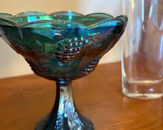 Iridescent Blue Harvest Grapes Carnival Glass Pedestal Candy Dish