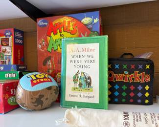 Toy Story Plush Baseball, Disney Apples to Apples Board Game, When We Were Very Young Book by A. A. Milne, Qwirkle Travel Game

