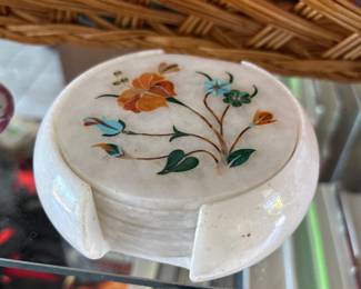 Marble Floral Gemstone Inlayed Coaster Set