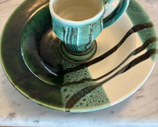 Green/White Pottery Mug, Green/White Pottery Salad Plate