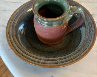 Green/Red Stoneware Mug with Leaf Motif, Green & Earthy Color Pottery Bowl