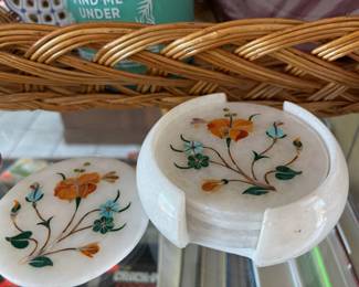 Marble Floral Gemstone Inlayed Coaster Set