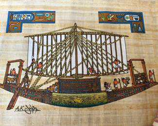 Hand Painted Egyptian Papyrus  Ship Painting