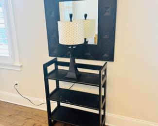 Three Teir Book Shelf, Table Lamp, Black Wood Framed Wall Mirror