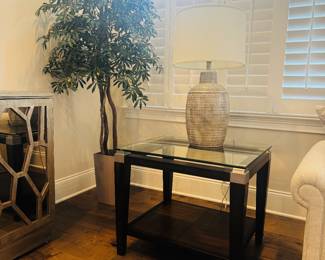 Two of Two Glass Top End Table, Pottery Table Lamp, Artificial Floral