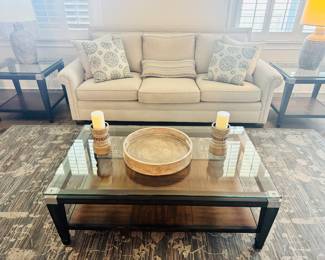 Glass Top Coffee Table, Home Decor, Vanguard Upholstered Sofa (SOLD), 8.5 x 11.5' Area Rug