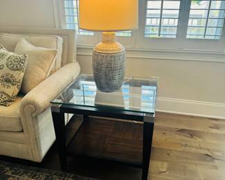 One of Two, Glass Top End Tables, Pottery Table Lamp