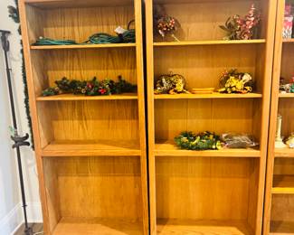 Multiple Oak Bookshelves, Holiday Decor, Garland