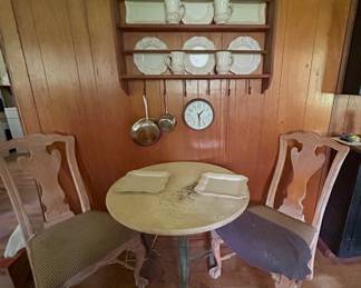 Chippy Round Table w/ 2 Chairs and Dinnerware in Wall Display Cabinet