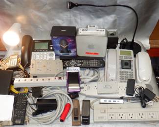 2 BOXES MISC INCLUDING POWER SUPPLIES, OFFICE SUPPLIES, MAC ACCESSORIES, AND MORE