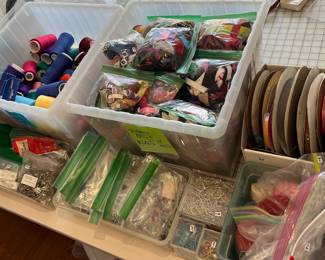 Bobbin thread, ribbon rolls and scrap bags, snaps, closures, all kinds of notions