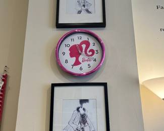 Cute framed fashion prints and Barbie clock
