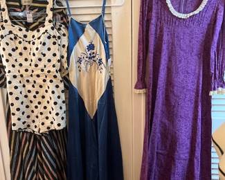 1950s pinup style playsuit, 40s bias cut day dress, 1930s silk slip dress, original 1960s Laura Ashley maxi dress.