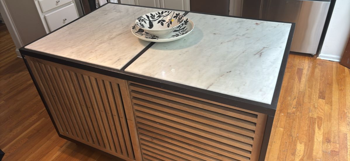Four Hands Haverton Kitchen Island with white marble top. Some etching on the marble top, but overall in great condition. Overall Dimensions: 60.00"w x 36.00"d x 36.50"h; Priced at $800 OBO