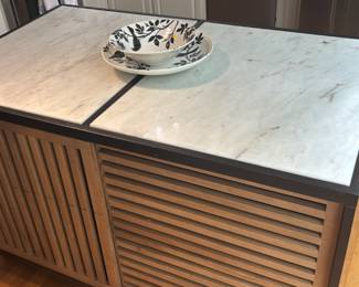 Four Hands Haverton Kitchen Island with white marble top. Some etching on the marble top, but overall in great condition. Overall Dimensions: 60.00"w x 36.00"d x 36.50"h; Priced at $800 OBO