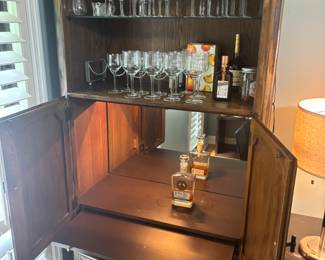Lighted Wood Bar Cabinet with Crystal Glassware; Asking $150 OBO