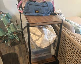 Gym bags and shelves.