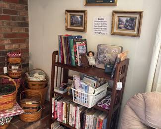 Book shelf, Thomas Kinkade prints and books