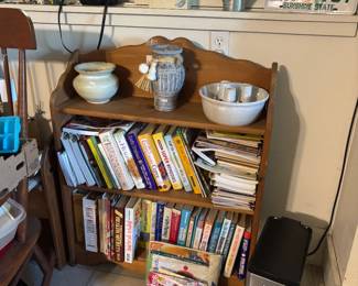 country book shelf and bench, Cookbooks and pottery