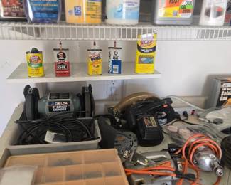 Delta bench grinder, underground sprinkler parts & oils