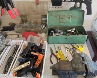 Metal tool box, vise, clamps, scissors, misc hand tools