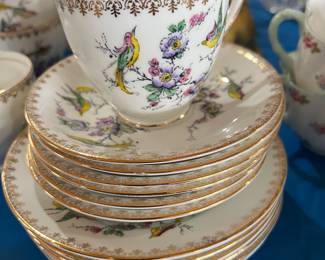Melba china tea set: cups, saucers, creamer, sugar, lunch plates.