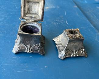 Silver vintage ink well and brush