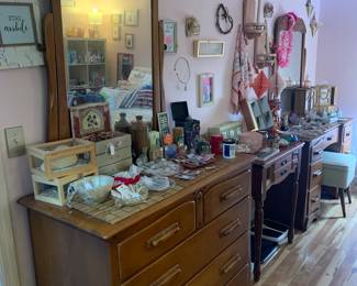 Vintage maple wood dresser (part of a set) covered in jewelry and decor and NEW Victoria’s Secret underwear