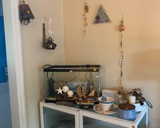 Metal and glass cabinet, vintage oil lamp wall sconce and more