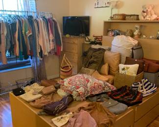 Clothes, cushions, purses, and a very cool bed with storage!