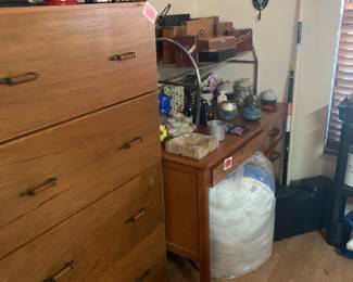 Tall filing cabinet (part of a 3 piece office set up), beautiful vintage desk, and so much cool decor