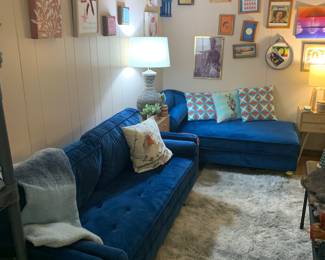 Gorgeous blue velvet couch and chaise lounge!