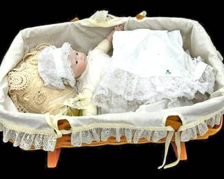 Vintage Baby Doll And Rocking Crib