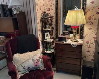 Velvet side chair, corner knickknack shelf