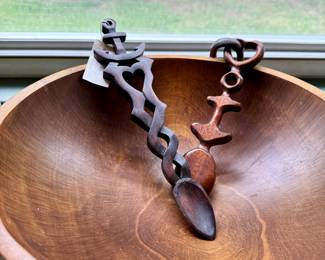 Wood salad bowl and carved spoons