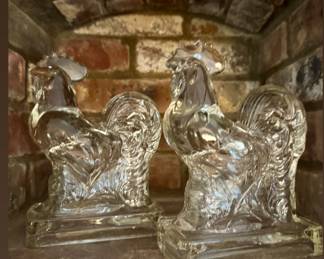 Pair of glass rooster bookends