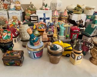 Collection of trinket boxes and Beatrix Potter porcelain figurines