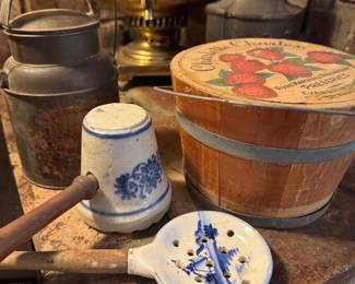 Vintage delft cooking tools, toleware and berry bucket