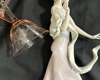 1996 Lladro and Vintage Pink Etched Flower Depression Glass 1930's