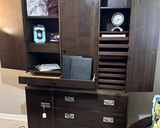 Large Two Piece Office Cabinet with unique accessory compartments, printer drawers, and brass/chrome accents.
