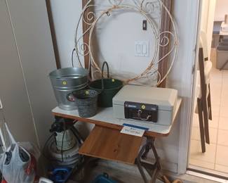 Work Bench, safe, iron art and vintage frames & buckets