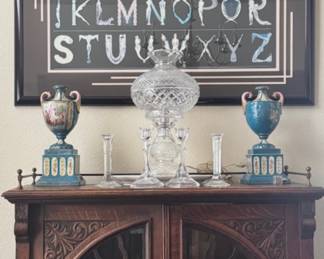Waterford hurricane lamp, urns, pr., and partial view of a fabulous curio cabinet in very good condition