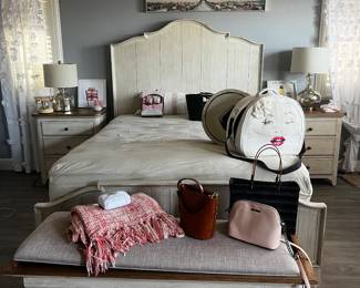 Queen size headboard and footboard,  (the mattress is not available), night stands, and matching bench at the end of the bed 