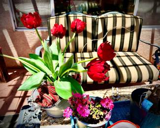 Patio love seat, table, and outdoor items. You will find more patio furniture and garden items