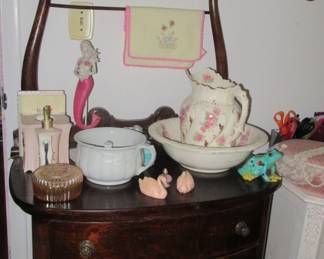 Steffans samlll dresser with antique pitcher and bowl and more