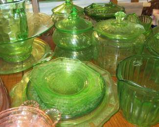 Steffans more green depression glass bisquit jars, pitchers, 