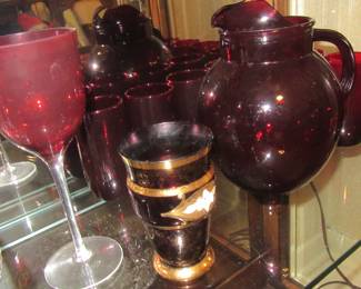 Steffans ruby red all pitcher and glass set