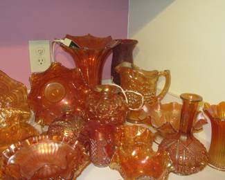 Steffans carnival glass vases bowls decanters pitcher set 