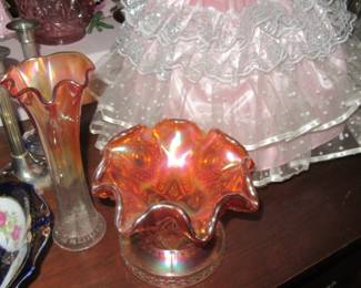 Steffans apricot carnival glass vase and bowl